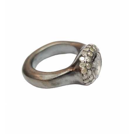 Bague quartz rutilé 2 rangs diamants blancs argent oxydé Carrie St Dia Iw 2r Blk Rosa Maria Jewellery Bijoux Strasbourg