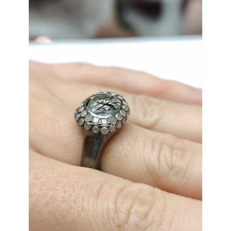 Bague quartz rutilé 2 rangs diamants blancs argent oxydé Carrie St Dia Iw 2r Blk Rosa Maria Jewellery Bijoux Strasbourg