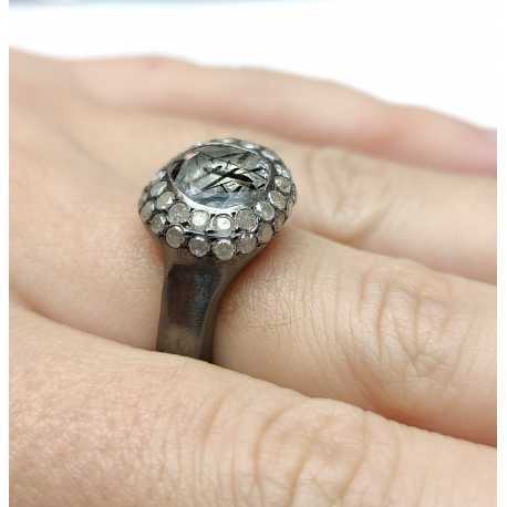 Bague quartz rutilé 2 rangs diamants blancs argent oxydé Carrie St Dia Iw 2r Blk Rosa Maria Jewellery Bijoux Strasbourg