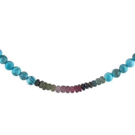 Collier facette en turquoise et tourmaline vert mauve FCTCOTURTRM