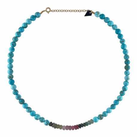 Collier facette en turquoise et tourmaline vert mauve FCTCOTURTRM
