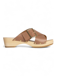 Mule Yakusa Cuir Croisé Clous poudre biscuit 4,5cm