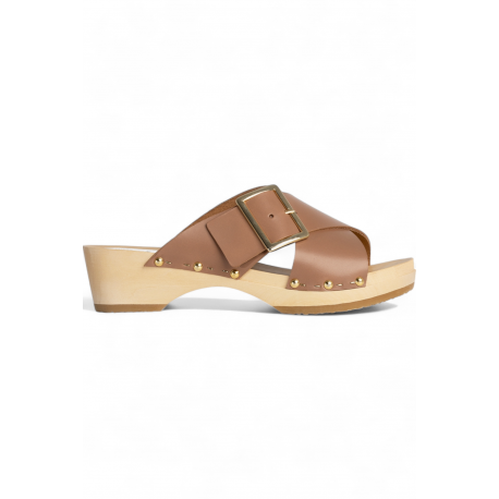 Mule Yakusa Cuir Croisé Clous poudre biscuit 4,5cm