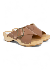 Mule Yakusa Cuir Croisé Clous poudre biscuit 4,5cm