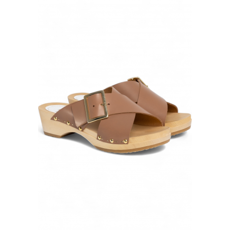 Mule Yakusa Cuir Croisé Clous poudre biscuit 4,5cm