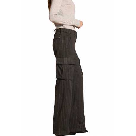 Pantalon large Gris souris Rayé Bronze poches cargo Victoria NT346 006