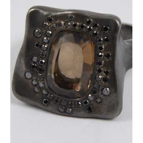 Bague argent Diamants noirs 52p QuaM fumé LESLIE B V ST DIA BLK SP SQTZ Rosa Maria Jewellery boutique Strasbourg bijoux