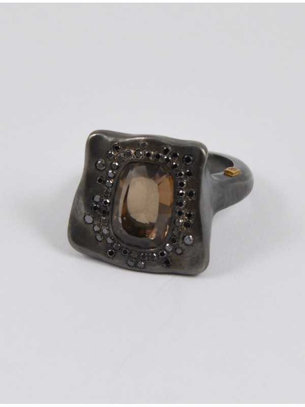 Bague argent Diamants noirs 52p QuaM fumé LESLIE B V ST DIA BLK SP SQTZ Rosa Maria Jewellery boutique Strasbourg bijoux