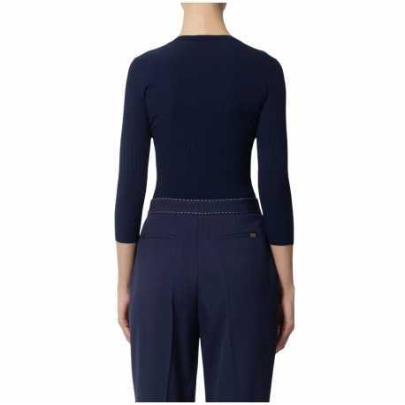 Pull côtelé décolleté en V bleu oltremare Elisabetta Franchi femme MK98T boutique Strasbourg vêtement mode fashion