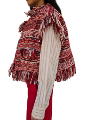 Veste sans manche rayé blanc rouge orange franges Essentiel Antwerp Femme ISHANI I1SA boutique Strasbourg vêtement mode