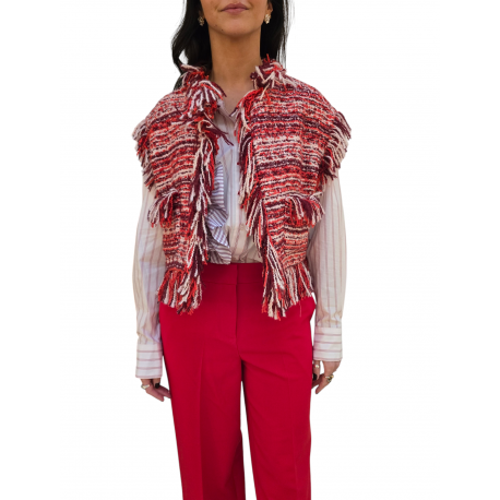 Veste sans manche rayé blanc rouge orange franges Essentiel Antwerp Femme ISHANI I1SA boutique Strasbourg vêtement mode