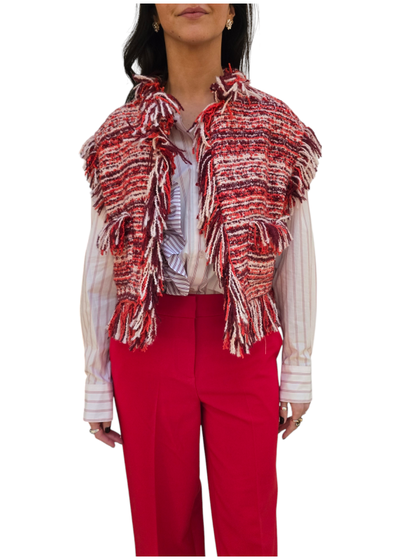 Veste sans manche rayé blanc rouge orange franges Essentiel Antwerp Femme ISHANI I1SA boutique Strasbourg vêtement mode