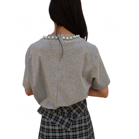 T-shirt gris col perles métal Essentiel Antwerp Femme INTENSO SH35 boutique Strasbourg vêtement fashion mode concept store