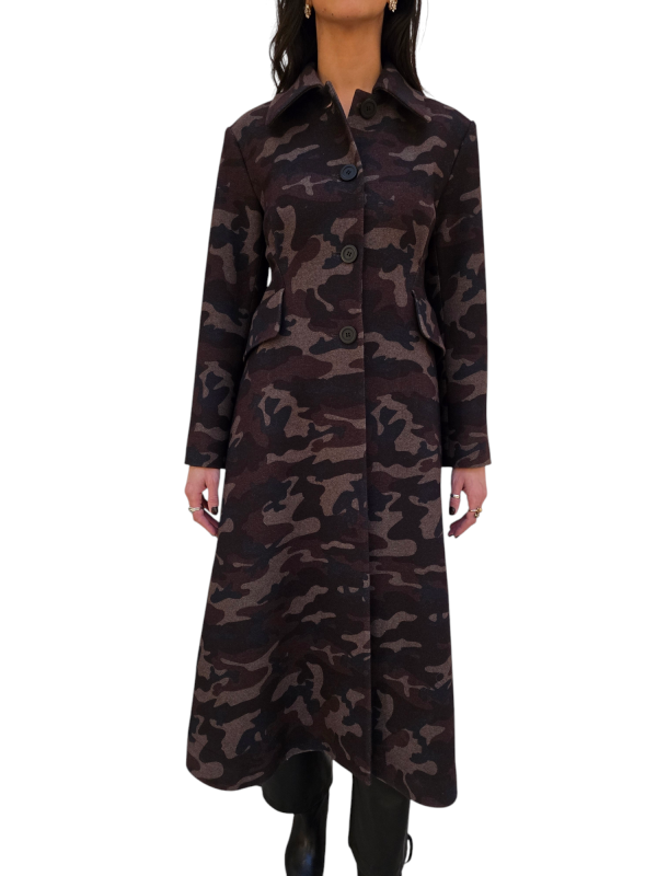 Manteau couture camouflage choco noir Essentiel Antwerp Femme IPANEMA I1RT boutique Strasbourg vêtement fashion mode