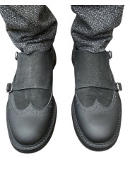 Mocassins double boucle bi matière noir suède cuir gravé Ungaro homme 30215 A boutique shop mode Strasbourg vêtement