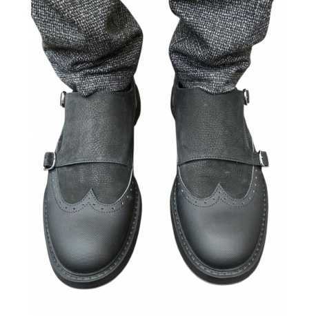 Mocassins double boucle bi matière noir suède cuir gravé Ungaro homme 30215 A boutique shop mode Strasbourg vêtement