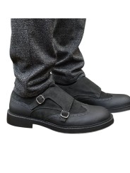 Mocassins double boucle bi matière noir suède cuir gravé Ungaro homme 30215 A boutique shop mode Strasbourg vêtement