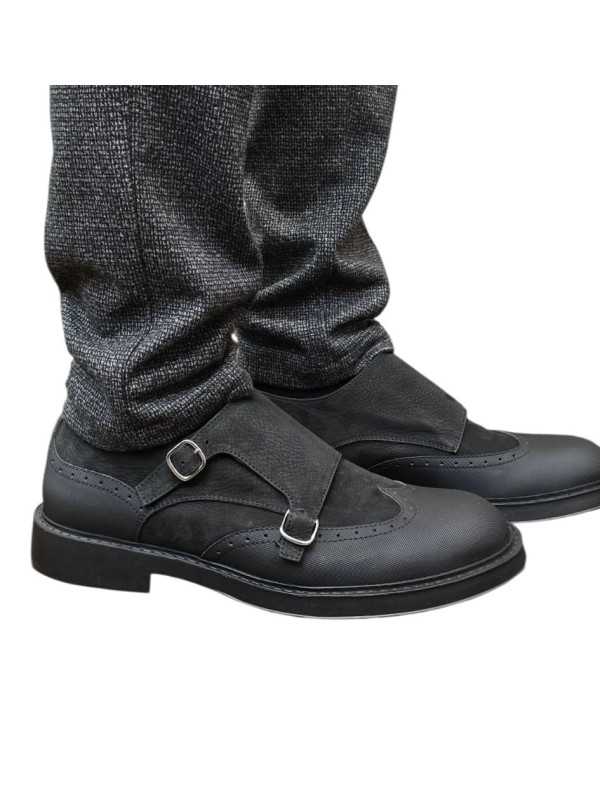 Mocassins double boucle bi matière noir suède cuir gravé Ungaro homme 30215 A boutique shop mode Strasbourg vêtement