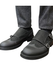 Mocassins double boucle bi matière noir suède cuir gravé Ungaro homme 30215 A boutique shop mode Strasbourg vêtement