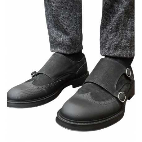 Mocassins double boucle bi matière noir suède cuir gravé Ungaro homme 30215 A boutique shop mode Strasbourg vêtement