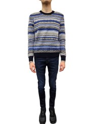 Pull jacquard bleu écru col rond Jacob Cohen homme XA003 FL 0583A boutique shop online mode Strasbourg vêtement