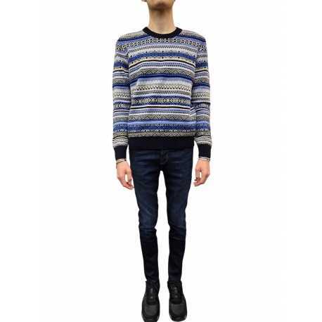 Pull jacquard bleu écru col rond Jacob Cohen homme XA003 FL 0583A boutique shop online mode Strasbourg vêtement