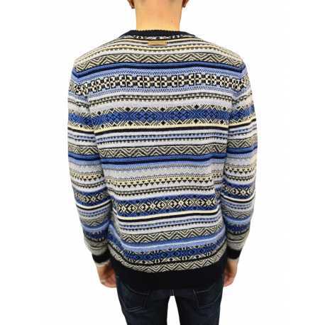 Pull jacquard bleu écru col rond Jacob Cohen homme XA003 FL 0583A boutique shop online mode Strasbourg vêtement