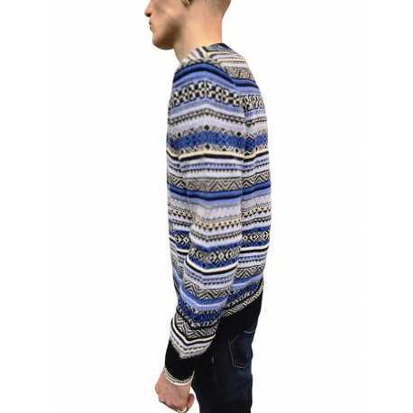 Pull jacquard bleu écru col rond Jacob Cohen homme XA003 FL 0583A boutique shop online mode Strasbourg vêtement