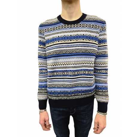 Pull jacquard bleu écru col rond Jacob Cohen homme XA003 FL 0583A boutique shop online mode Strasbourg vêtement