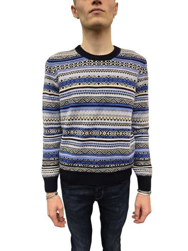 Pull jacquard bleu écru col rond Jacob Cohen homme XA003 FL 0583A boutique shop online mode Strasbourg vêtement