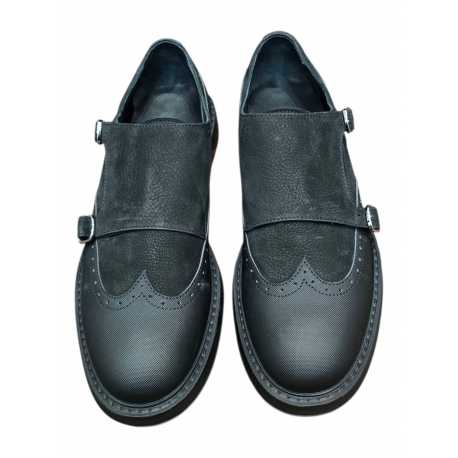 Mocassins double boucle bi matière noir suède cuir gravé Ungaro homme 30215 A boutique shop mode Strasbourg vêtement