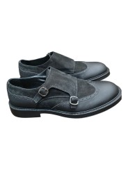 Mocassins double boucle bi matière noir suède cuir gravé Ungaro homme 30215 A boutique shop mode Strasbourg vêtement