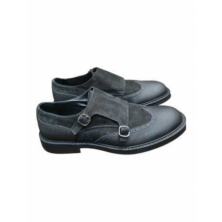 Mocassins double boucle bi matière noir suède cuir gravé Ungaro homme 30215 A boutique shop mode Strasbourg vêtement