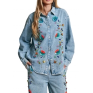 Chemise denim bleue fleurs pailletées multicolores ICKSONVILL ESSENTIEL ANTWERP Strasbourg fashion mode concept store