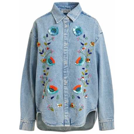 Chemise denim bleue fleurs pailletées multicolores ICKSONVILL ESSENTIEL ANTWERP Strasbourg fashion mode concept store