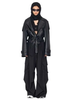 Blouson cuir noir oversize ceinture Isabel Benenato femme DL03F25 O1 boutique Strasbourg vêtement fashion mode