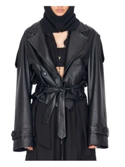 Blouson cuir noir oversize ceinture Isabel Benenato femme DL03F25 O1 boutique Strasbourg vêtement fashion mode