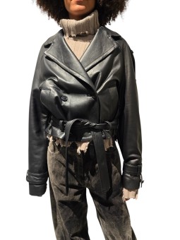 Blouson cuir noir oversize ceinture Isabel Benenato femme DL03F25 O1 boutique Strasbourg vêtement fashion mode