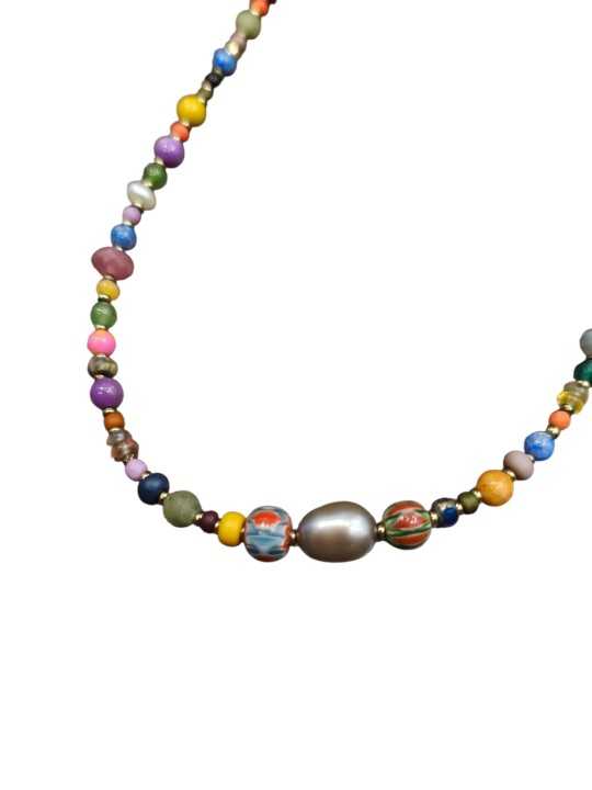 COLLIER ZAZA COURT PERLES VINTAGE JAPO AFRO EAU DOUCE HEMATITE PIERRES FW2527 CATHERINE MICHIELS boutique Strasbourg jewelery c
