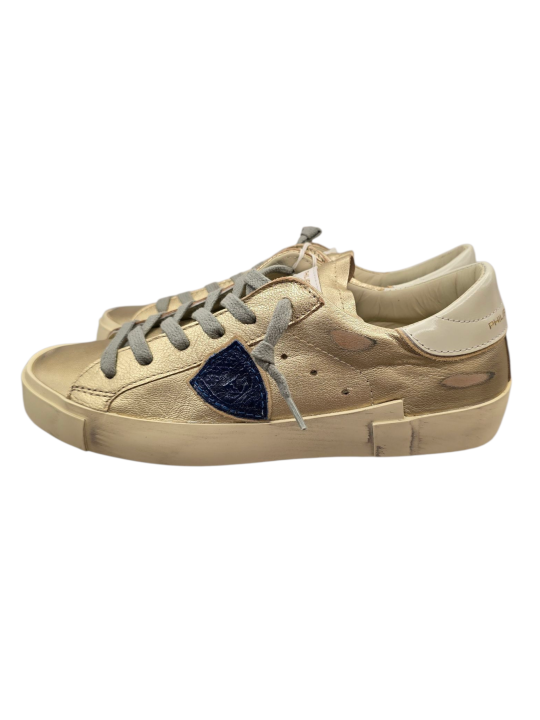 SNEAKERS PARIS CUIR METAL GOLD LOGO ROUGE ET BLEU PRLD MF01 baskets PHILIPPE MODEL FEMME boutique Strasbourg shop online bleu