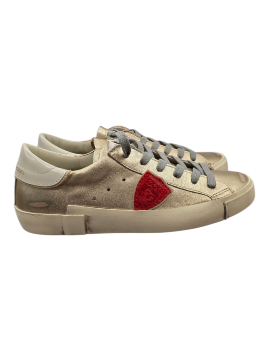 SNEAKERS PARIS CUIR METAL GOLD LOGO ROUGE ET BLEU PRLD MF01 baskets PHILIPPE MODEL FEMME boutique Strasbourg shop online duo