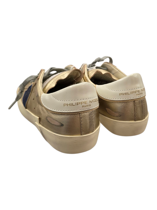 SNEAKERS PARIS CUIR METAL GOLD LOGO ROUGE ET BLEU PRLD MF01 baskets PHILIPPE MODEL FEMME boutique Strasbourg shop online spoiler