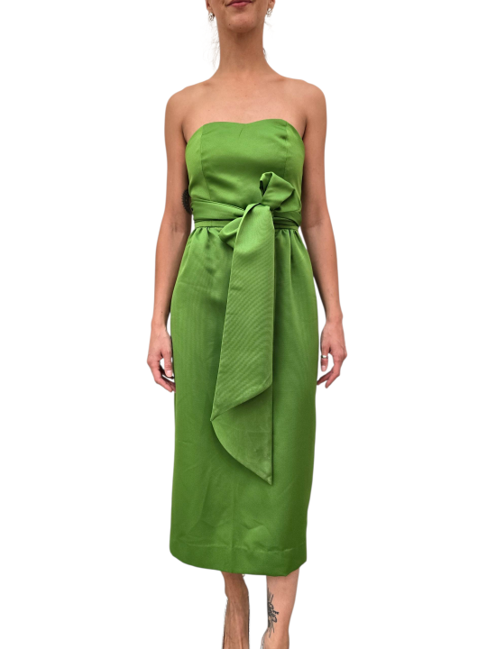 ROBE VERTE BUSTIER PORTE FEUILLE JUROR SATIN SG23 ESSENTIEL ANTWERP FEMME FASHION MODE DESIGNER CREATEUR STRASBOURG face