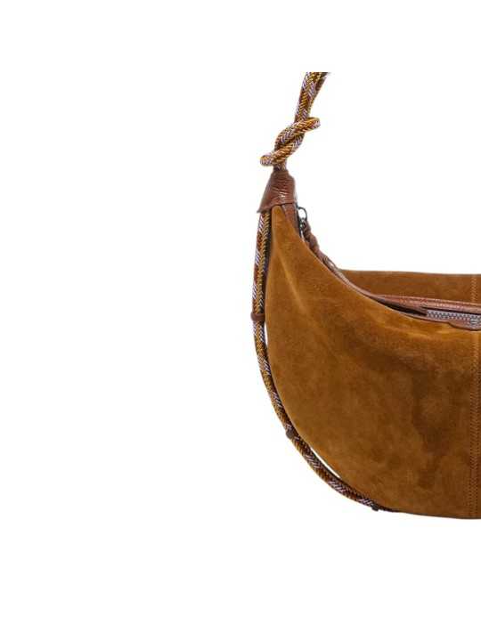 SAC DEMI LUNE CHRIS SUEDE TABAC SANGLE CORDE TABAC MAUVE 4333 CLARIS VIROT femme bag Strasbourg luxe créateur sangle bagagerie
