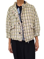 VESTE TWEED ECRU VERT JAUNE BOUTONS BIJOUX JAYDEN J4BS ESSENTIEL ANTWERP FEMME vêtement ouvert