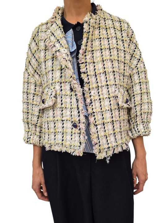 VESTE TWEED ECRU VERT JAUNE BOUTONS BIJOUX JAYDEN J4BS ESSENTIEL ANTWERP FEMME vêtement ouvert