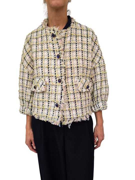 VESTE TWEED ECRU VERT JAUNE BOUTONS BIJOUX JAYDEN J4BS ESSENTIEL ANTWERP FEMME vêtement