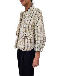 VESTE TWEED ECRU VERT JAUNE BOUTONS BIJOUX JAYDEN J4BS ESSENTIEL ANTWERP FEMME vêtement profil