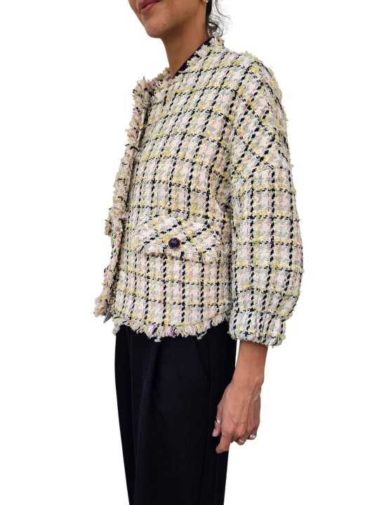 VESTE TWEED ECRU VERT JAUNE BOUTONS BIJOUX JAYDEN J4BS ESSENTIEL ANTWERP FEMME vêtement profil