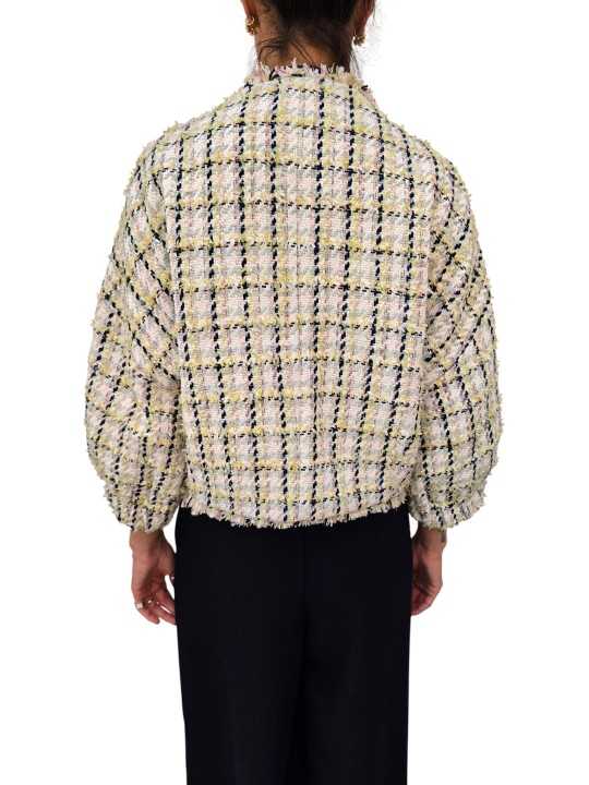 VESTE TWEED ECRU VERT JAUNE BOUTONS BIJOUX JAYDEN J4BS ESSENTIEL ANTWERP FEMME vêtement dos